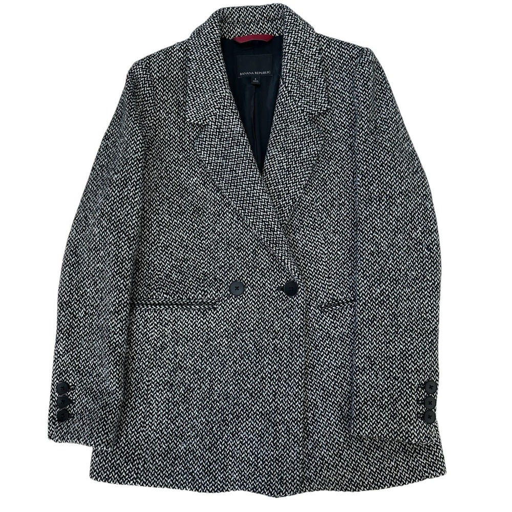 Banana Republic Tweed Jacket Women's Size 4 Herringbone DB Black Wool Blend Coat